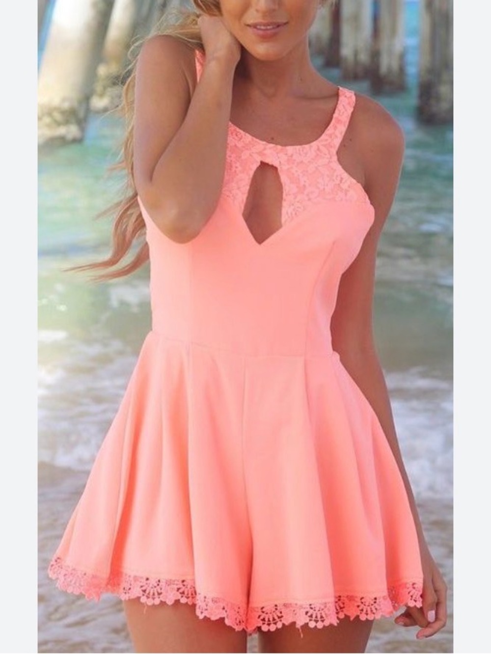 NWT New Sabo Skirt Bright Orange Coral Lace Romper Mini Dress Size 12